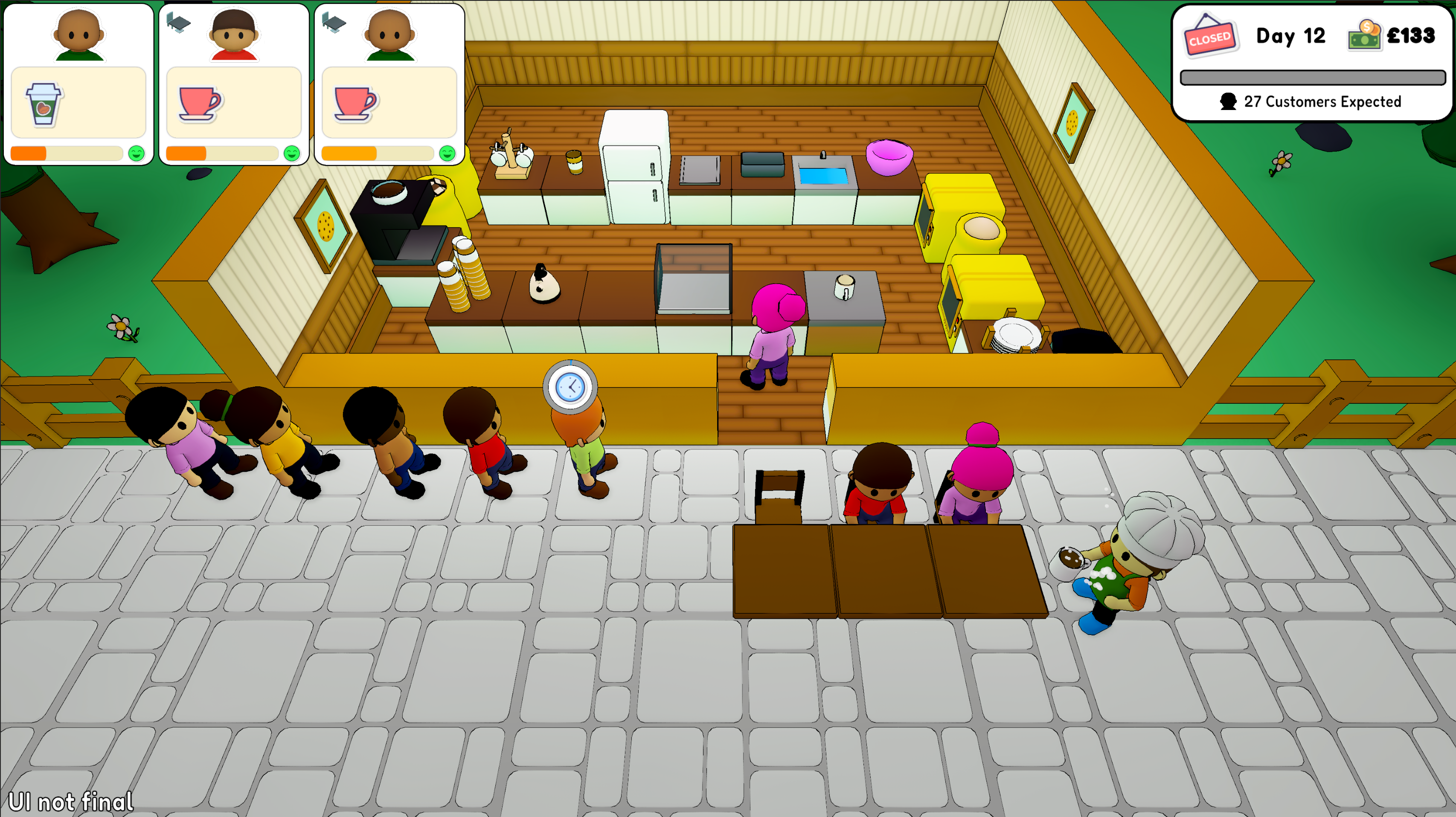 A baker serving customers in a decorated bakery